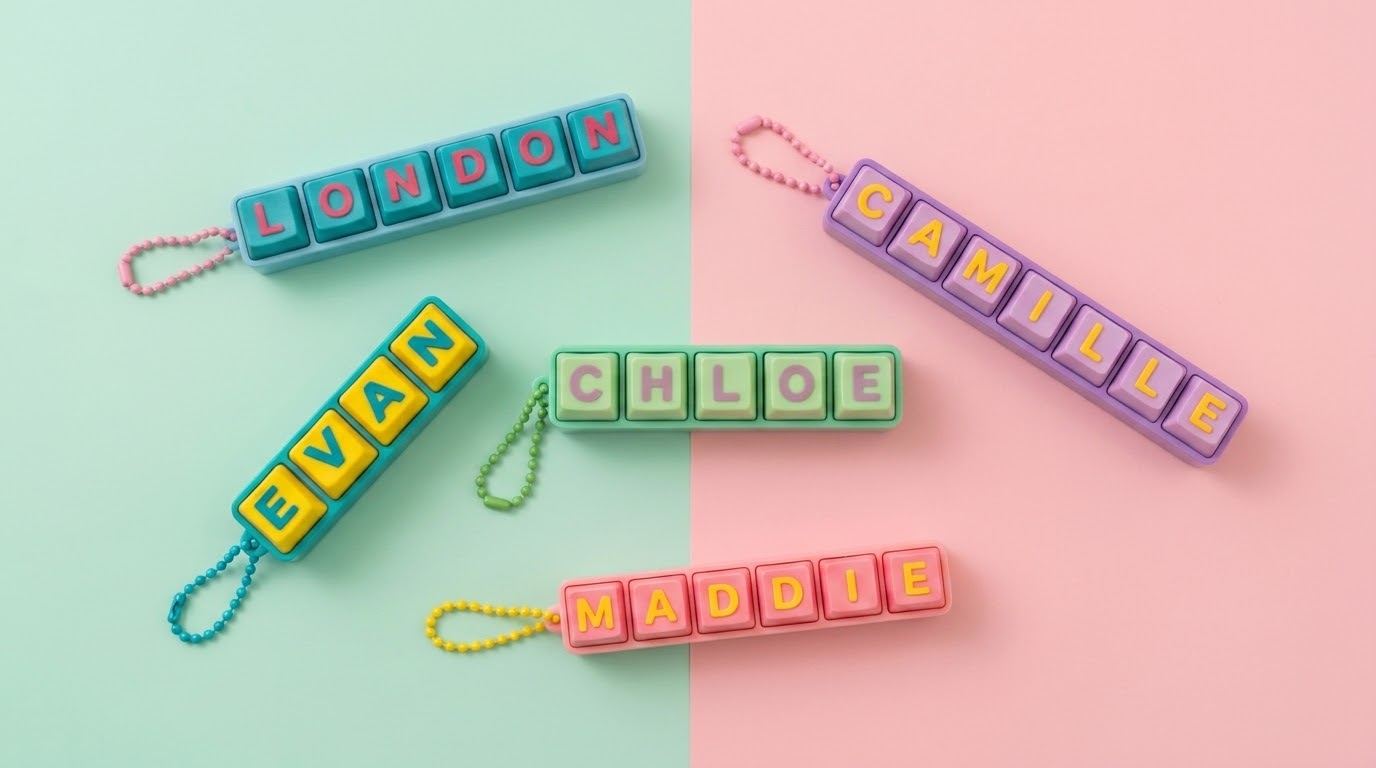Five CLIKKY name keychains in pastel colours on mint and pink paper